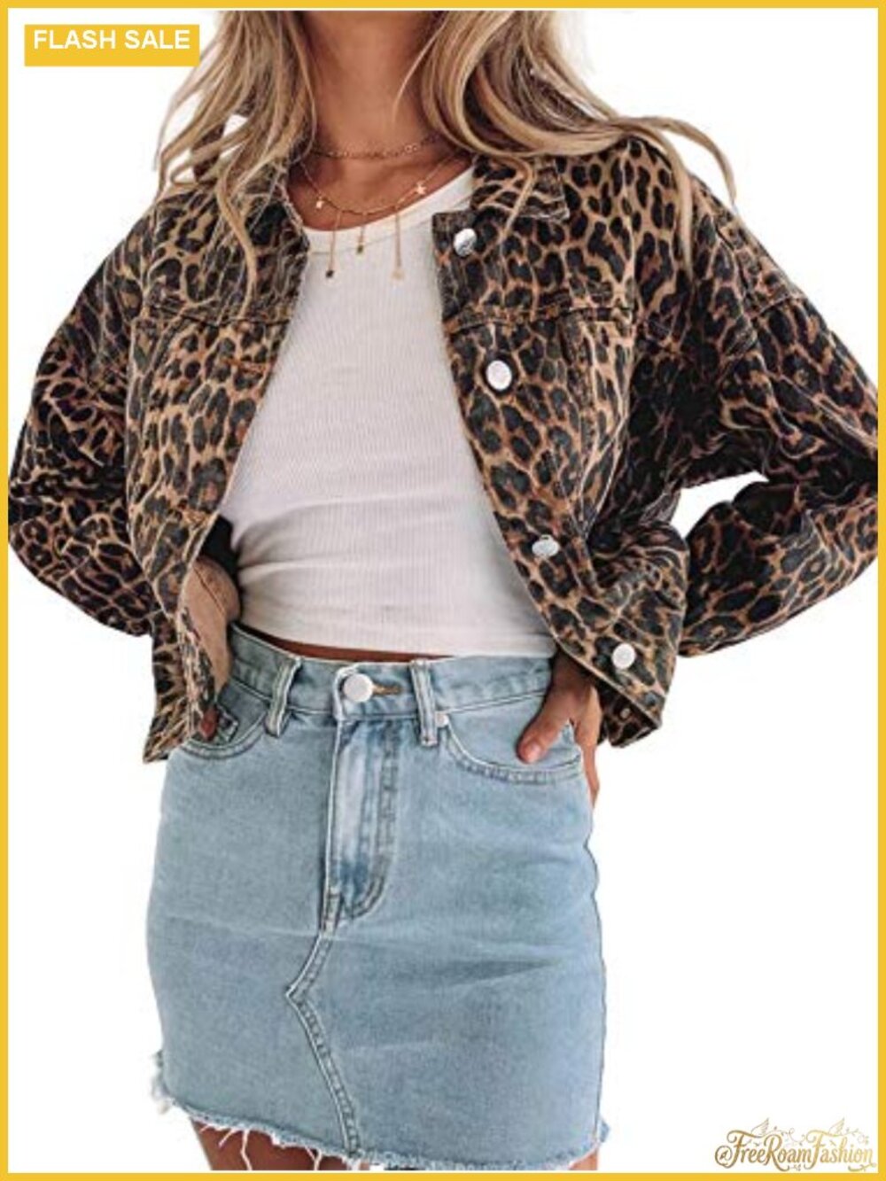 Womens Leopard Print Retro Denim Bomber Jacket Button Front Cropped